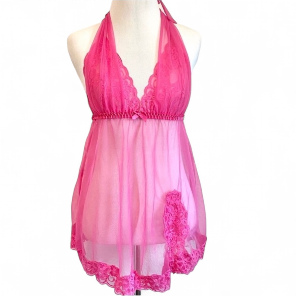 FREDRICK’S OF HOLLYWOOD BABYDOLL SLIP LACE CHIFFON PINK SIZE MEDIUM